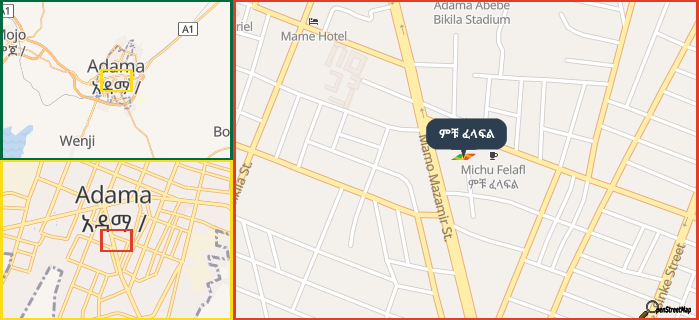 Map showing the address of ምቹ ፈላፍል in three different zoom levels.