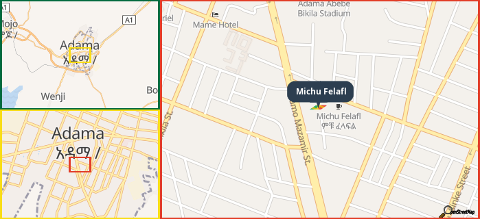 Map showing the address of Michu Felafl in three different zoom levels.