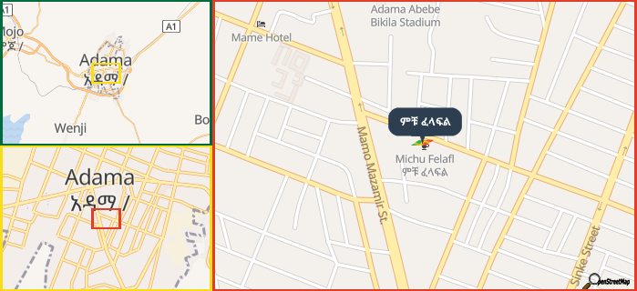 Map showing the address of ምቹ ፈላፍል in three different zoom levels.