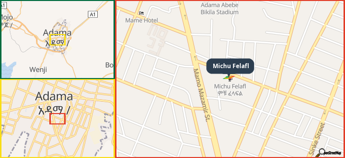 Map showing the address of Michu Felafl in three different zoom levels.