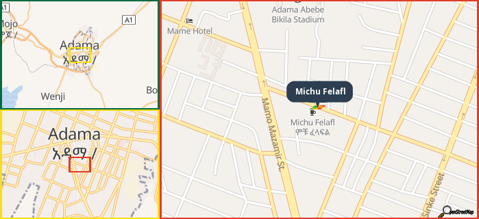 Map showing the address of Michu Felafl in three different zoom levels.
