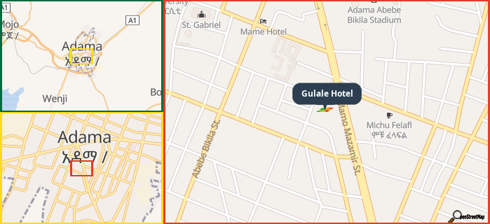 Map showing the address of Gulale Hotel in three different zoom levels.