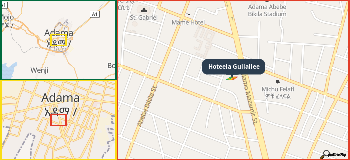 Map showing the address of Hoteela Gullallee in three different zoom levels.