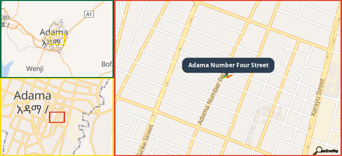 Map showing the address of Adama Number Four Street in three different zoom levels.