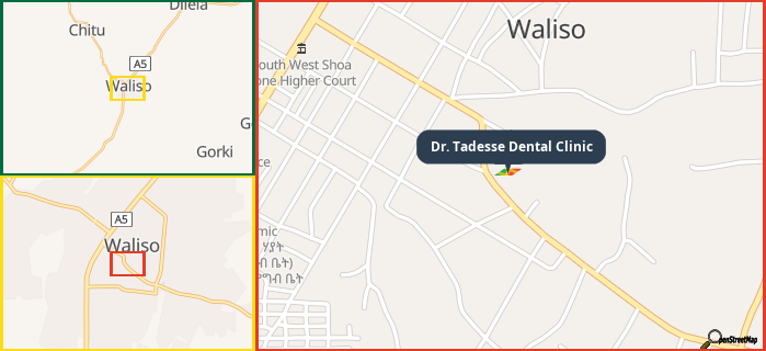 Map showing the address of Dr. Tadesse Dental Clinic in three different zoom levels.