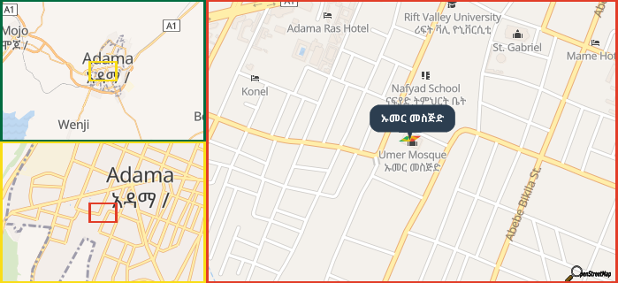 Map showing the address of ኡመር መስጅድ in three different zoom levels.