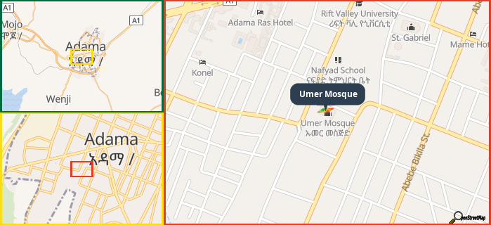 Map showing the address of Umer Mosque in three different zoom levels.