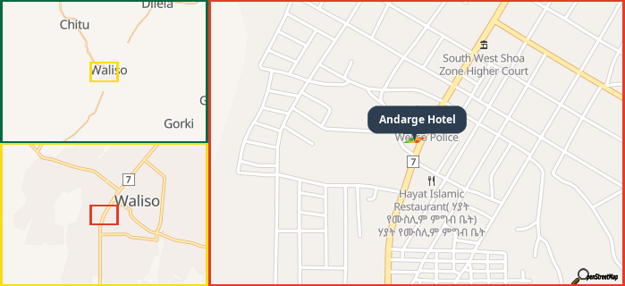 Map showing the address of Andarge Hotel in three different zoom levels.