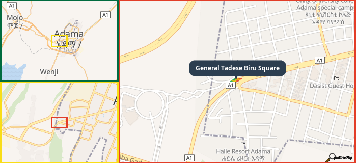 Map showing the address of General Tadese Biru Square in three different zoom levels.