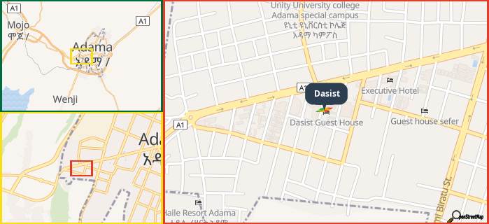 Map showing the address of Dasist in three different zoom levels.