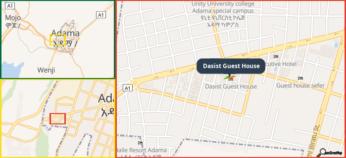 Map showing the address of Dasist Guest House in three different zoom levels.