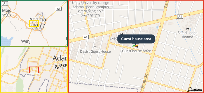 Map showing the address of Guest house area in three different zoom levels.