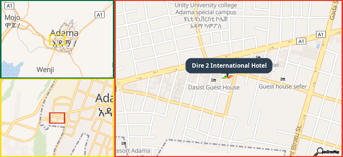 Map showing the address of Dire 2 International Hotel in three different zoom levels.