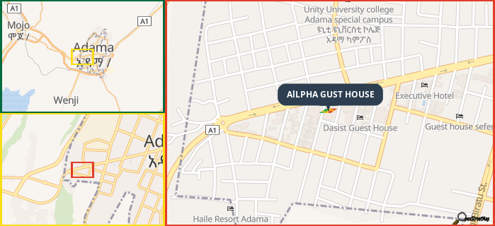 Map showing the address of AlLPHA GUST HOUSE in three different zoom levels.