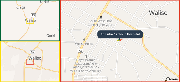 Map showing the address of St. Luke Catholic Hospital in three different zoom levels.