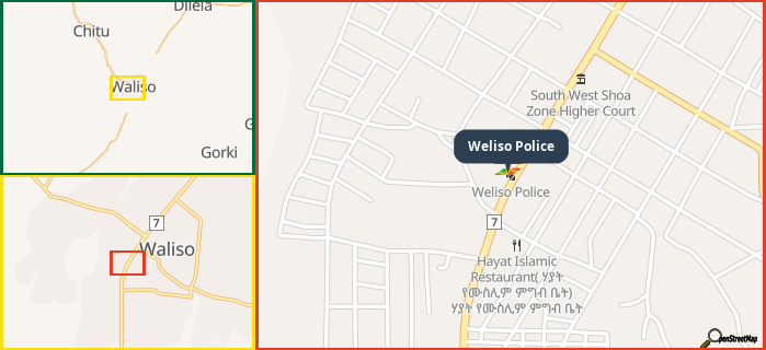Map showing the address of Weliso Police in three different zoom levels.