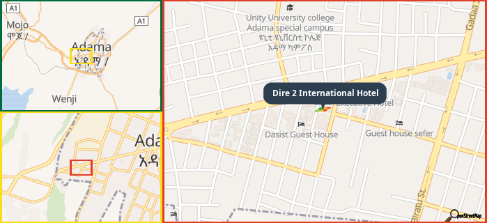 Map showing the address of Dire 2 International Hotel in three different zoom levels.