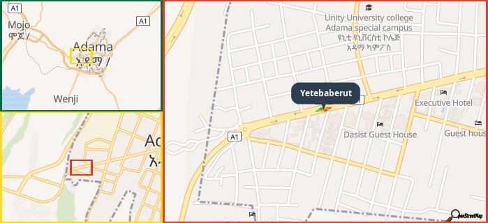 Map showing the address of Yetebaberut in three different zoom levels.