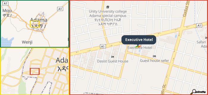 Map showing the address of Executive Hotel in three different zoom levels.