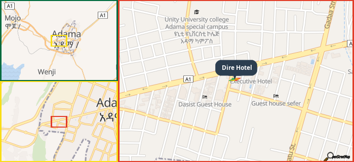 Map showing the address of Dire Hotel in three different zoom levels.