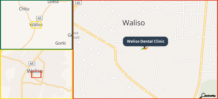 Map showing the address of Weliso Dental Clinic in three different zoom levels.