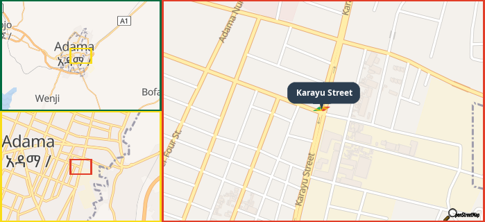 Map showing the address of Karayu Street in three different zoom levels.