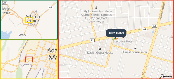 Map showing the address of Dire Hotel in three different zoom levels.