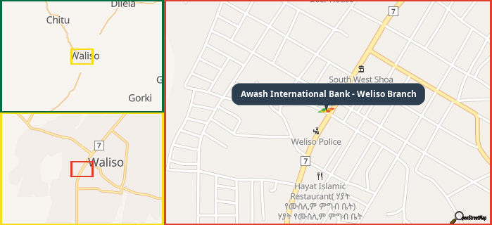 Map showing the address of Awash International Bank - Weliso Branch in three different zoom levels.