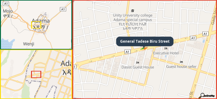 Map showing the address of General Tadese Biru Street in three different zoom levels.