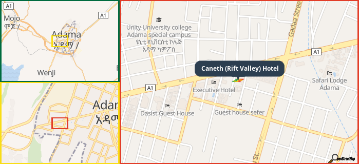 Map showing the address of Caneth (Rift Valley) Hotel in three different zoom levels.