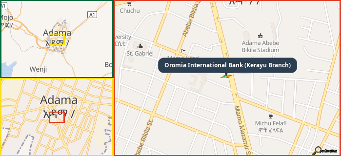 Map showing the address of Oromia International Bank (Kerayu Branch) in three different zoom levels.