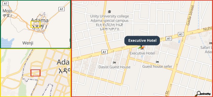 Map showing the address of Executive Hotel in three different zoom levels.