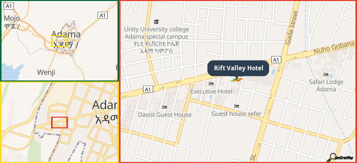 Map showing the address of Rift Valley Hotel in three different zoom levels.