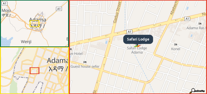 Map showing the address of Safari Lodge in three different zoom levels.