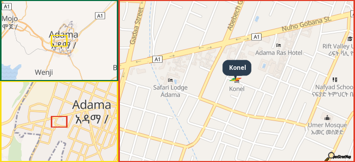 Map showing the address of Konel in three different zoom levels.