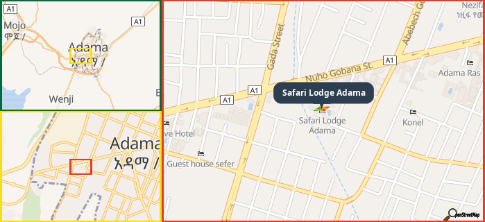 Map showing the address of Safari Lodge Adama in three different zoom levels.