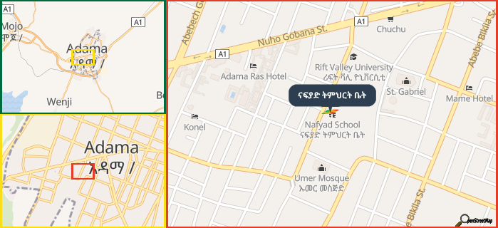 Map showing the address of ናፍያድ ትምህርት ቤት in three different zoom levels.