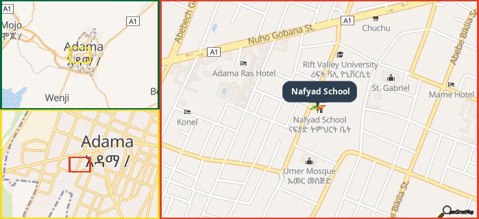Map showing the address of Nafyad School in three different zoom levels.