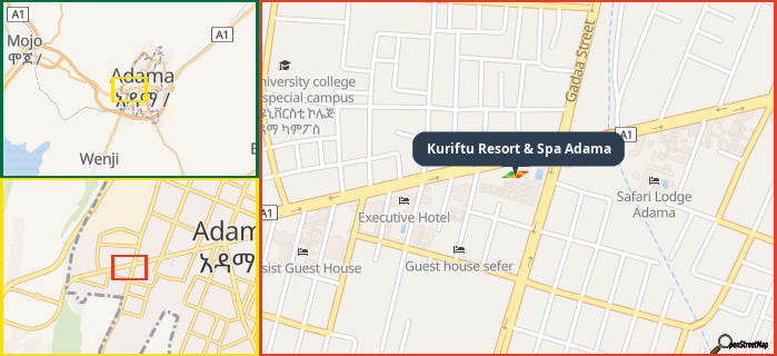 Map showing the address of Kuriftu Resort & Spa Adama in three different zoom levels.