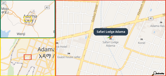 Map showing the address of Safari Lodge Adama in three different zoom levels.