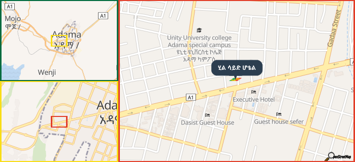 Map showing the address of ሂል ሳይድ ሆቴል in three different zoom levels.