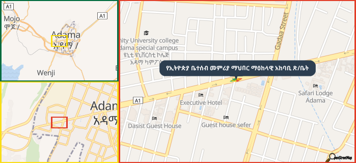 Map showing the address of የኢትዮጵያ ቤተሰብ መምሪያ ማህበር ማዕከላዊ አከባቢ ጽ/ቤት in three different zoom levels.