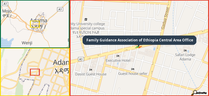 Map showing the address of Family Guidance Association of Ethiopia Central Area Office in three different zoom levels.