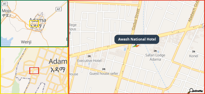 Map showing the address of Awash National Hotel in three different zoom levels.