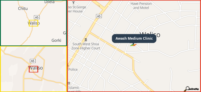 Map showing the address of Awash Medium Clinic in three different zoom levels.