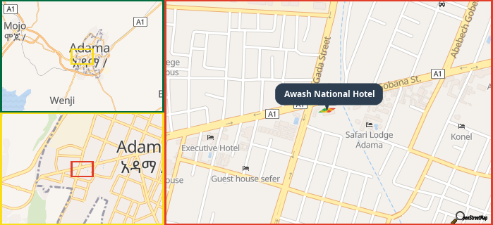 Map showing the address of Awash National Hotel in three different zoom levels.