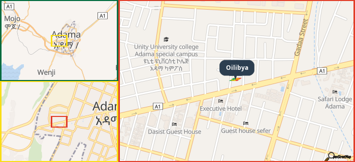 Map showing the address of Oilibya in three different zoom levels.