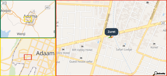 Map showing the address of Zuret in three different zoom levels.