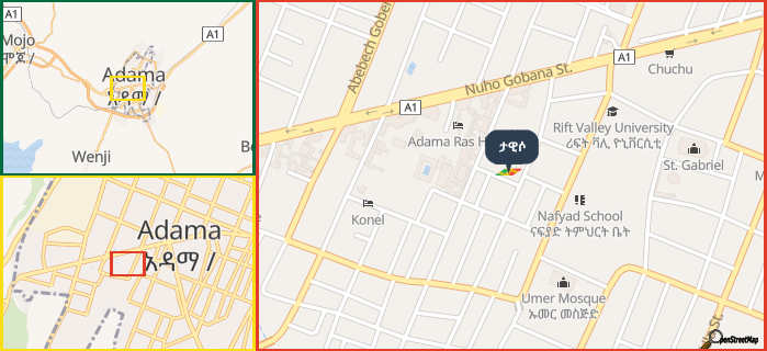 Map showing the address of ታዊሶ in three different zoom levels.