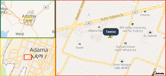 Map showing the address of Tawiso in three different zoom levels.